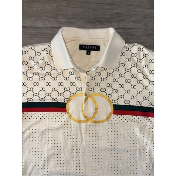 PAVINI Men's Polo Shirt White Red Green Striped Geometric Logo Italian Design - Picture 2 of 8